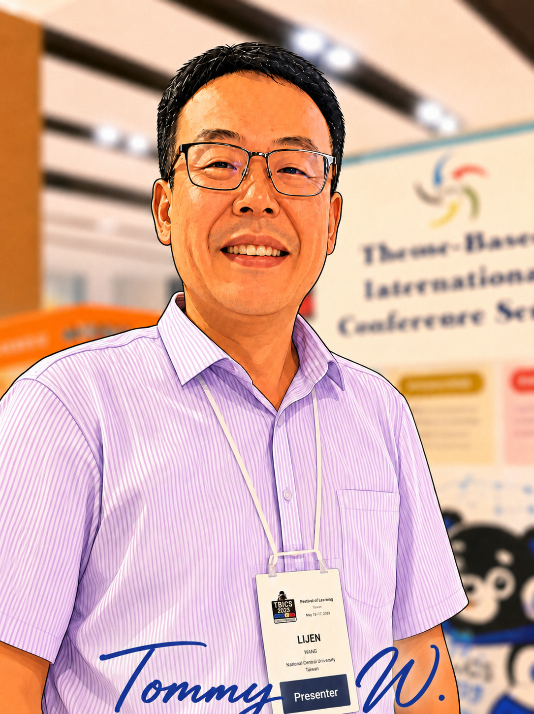 Stylized portrait of Li-Jen Wang at an international academic conference